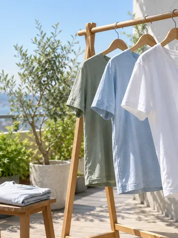 晴れたベランダに干された無地のTシャツ