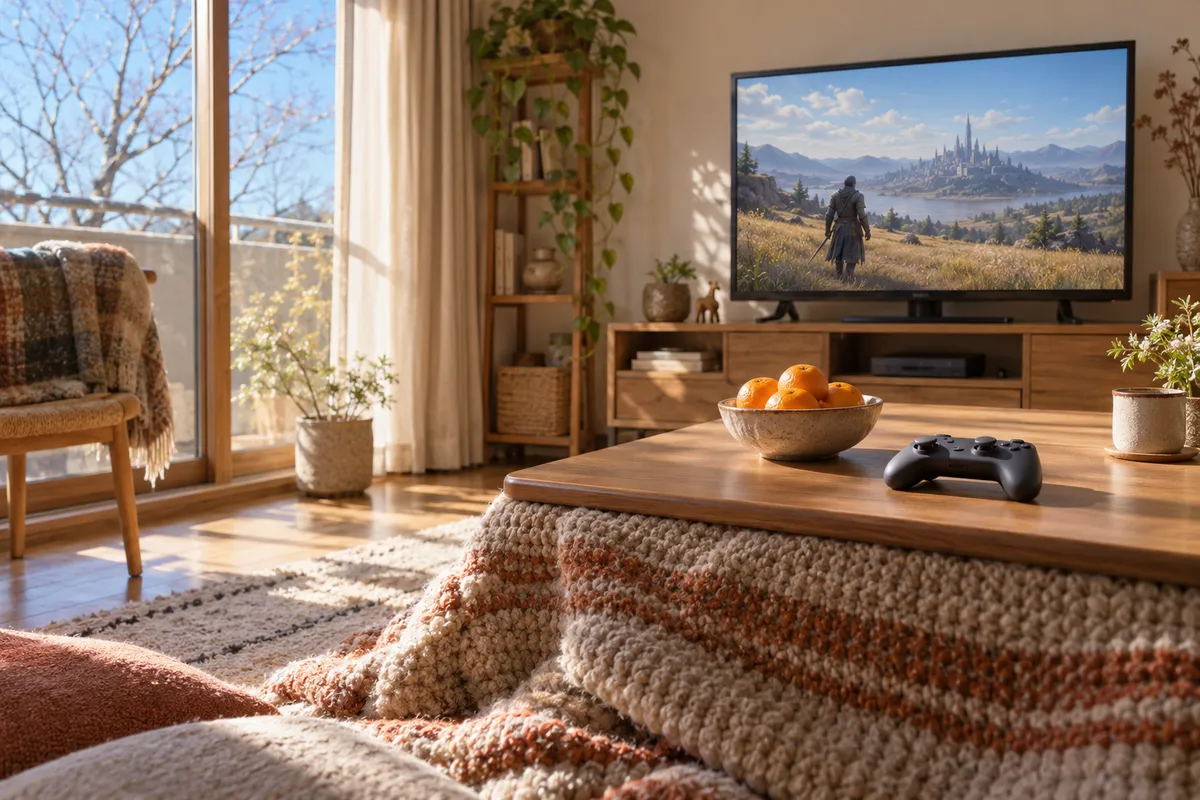 こたつの上のみかんとコントローラー、奥のテレビに映る冒険の場面