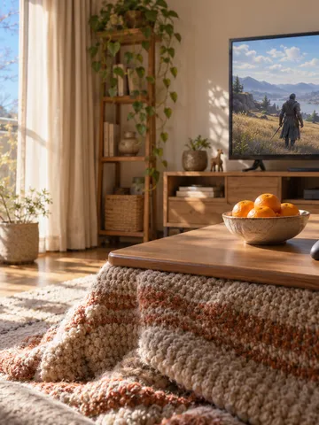 こたつの上のみかんとコントローラー、奥のテレビに映る冒険の場面
