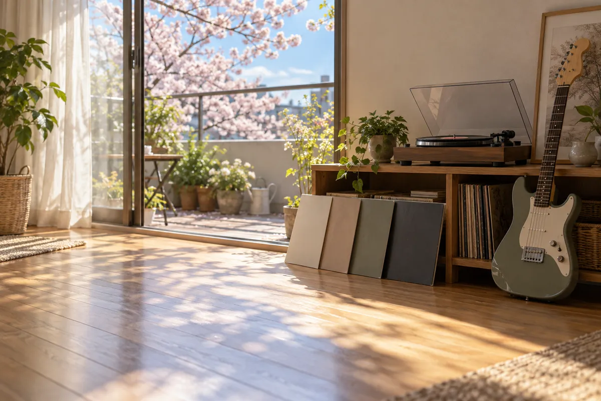 春の日差しの部屋にあるレコードプレーヤーとギター