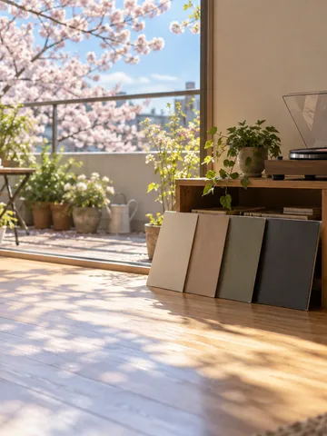 春の日差しの部屋にあるレコードプレーヤーとギター