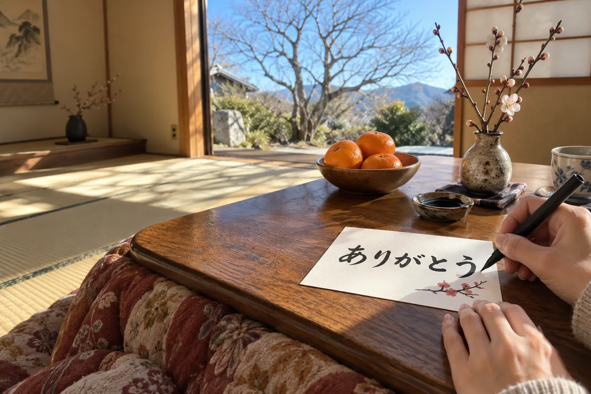 こたつの上で筆ペンで書いた感謝のはがき