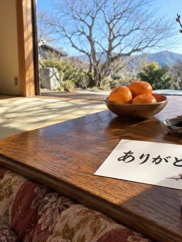 こたつの上で筆ペンで書いた感謝のはがき