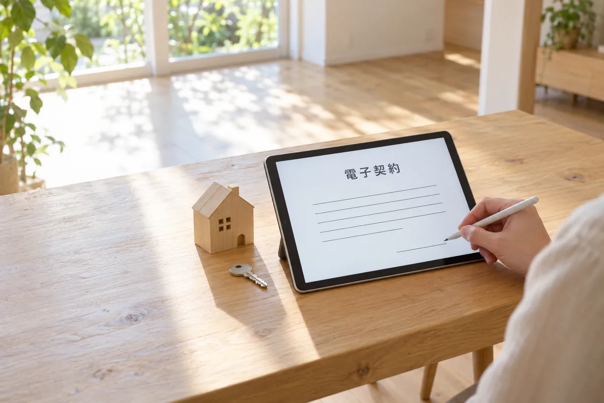 タブレットに「電子契約」の画面と家の模型、鍵