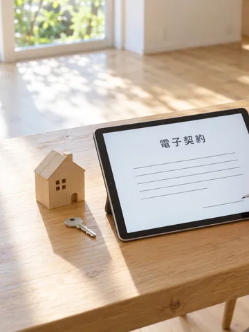 タブレットに「電子契約」の画面と家の模型、鍵