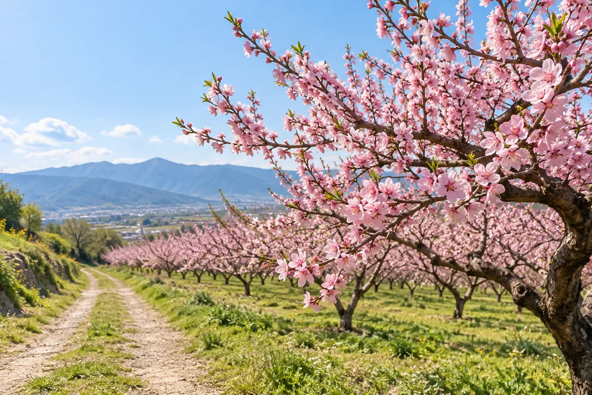 青空の下、満開の桃の花が咲く桃畑