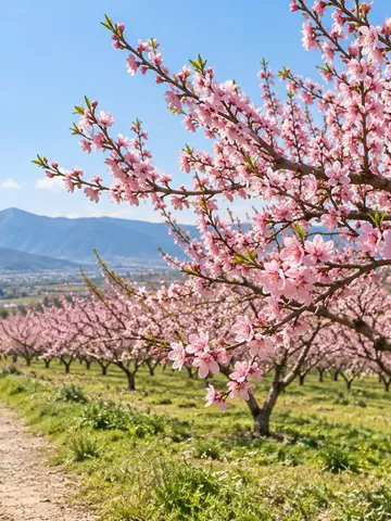 青空の下、満開の桃の花が咲く桃畑
