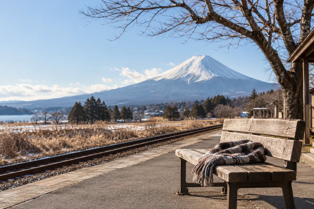 雪をかぶった富士山を望む駅のホームとベンチ