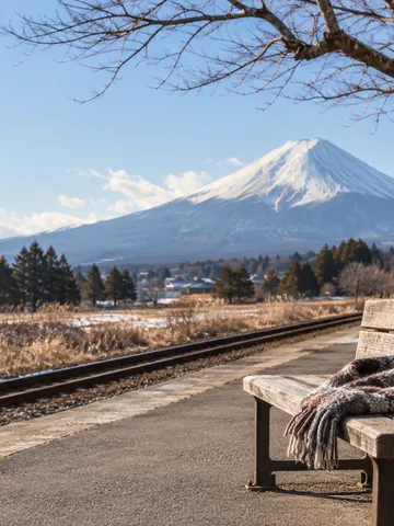 雪をかぶった富士山を望む駅のホームとベンチ