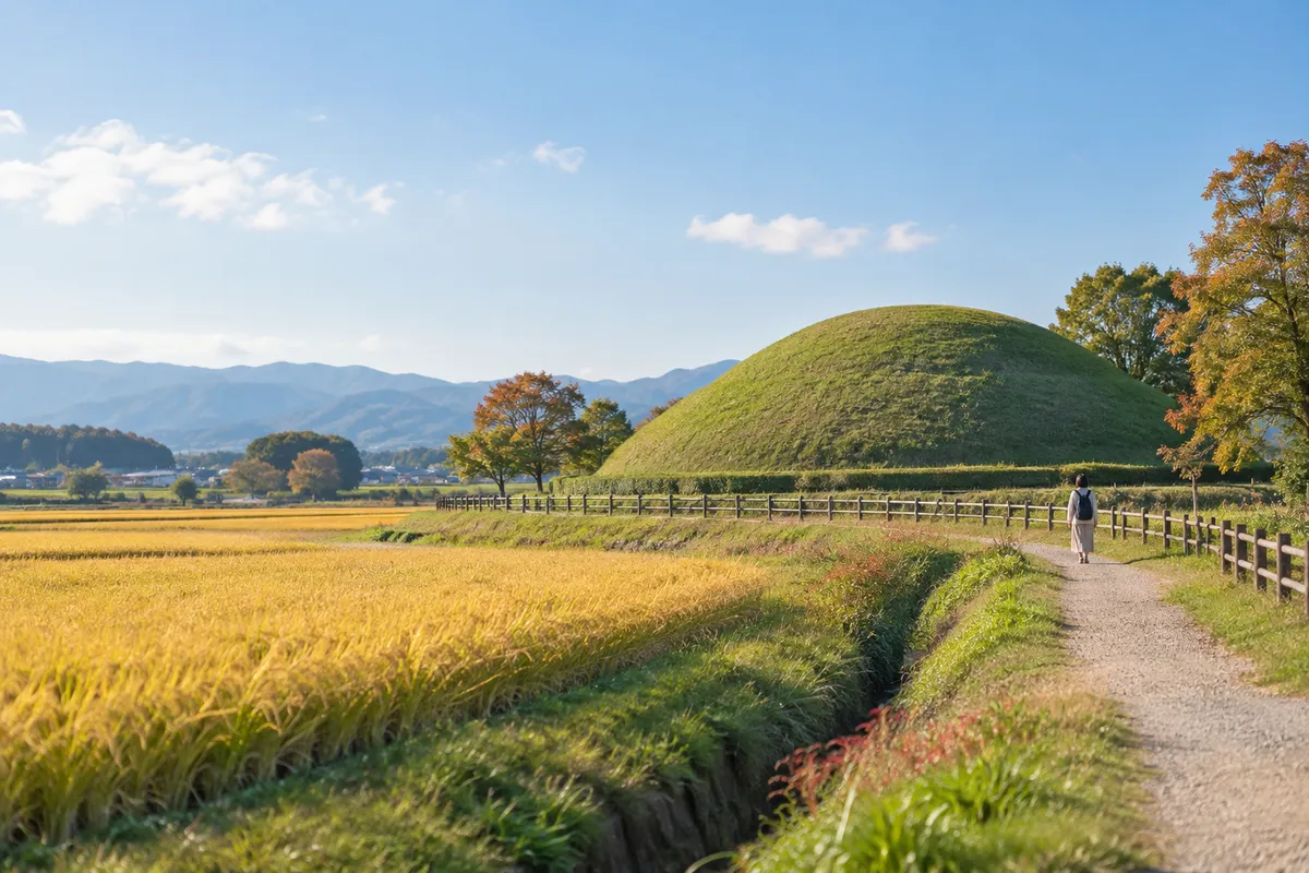 青空の下、草に覆われた古墳の丸い墳丘と小道