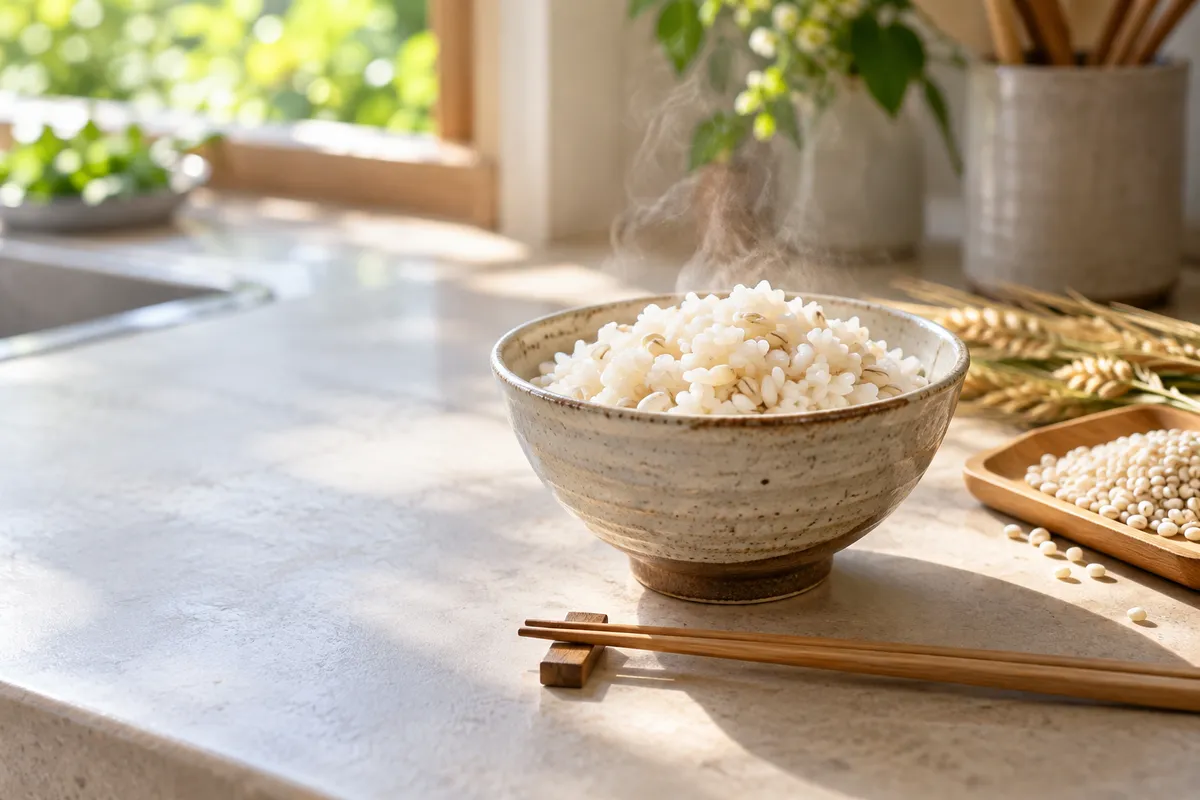 もち麦ごはんの茶碗と麦の穂