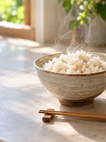 もち麦ごはんの茶碗と麦の穂