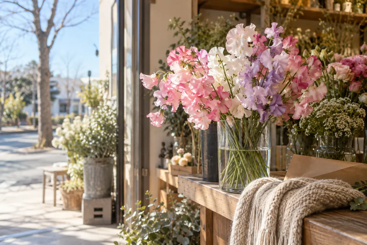 日差しの入る花店先に並ぶスイートピーの束