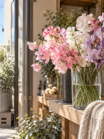 日差しの入る花店先に並ぶスイートピーの束