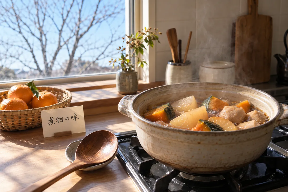 台所で湯気の立つ煮物鍋と味付けのメモ