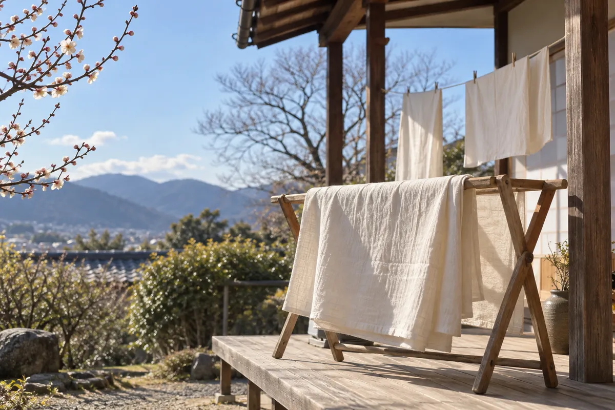 日なたの縁側に干された白い木綿の布
