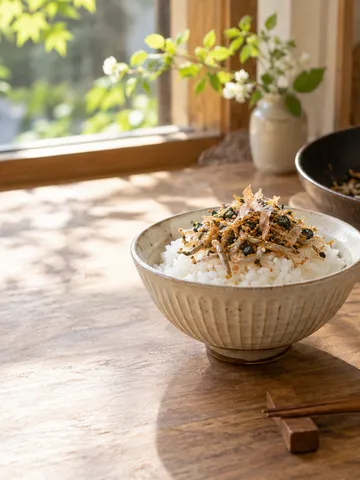 炊きたてのご飯に手作りふりかけをかけた器