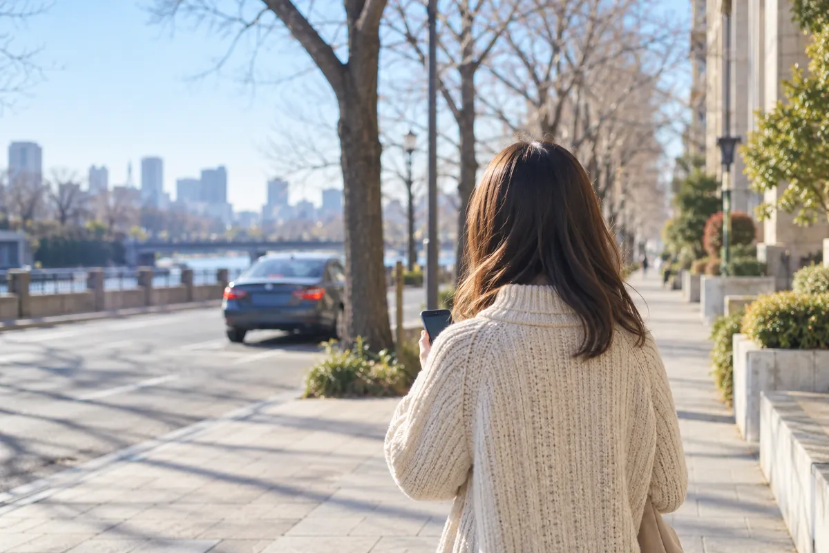 冬の晴れた歩道でスマホを持つ後ろ姿と遠くの車