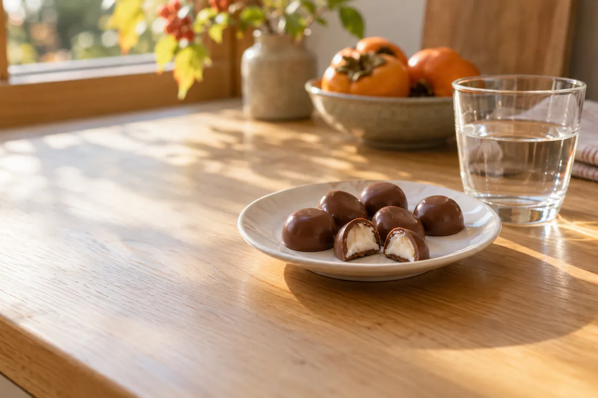 皿に置かれた半分に割った生クリーム入りのチョコレート