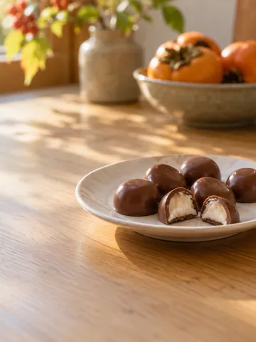皿に置かれた半分に割った生クリーム入りのチョコレート