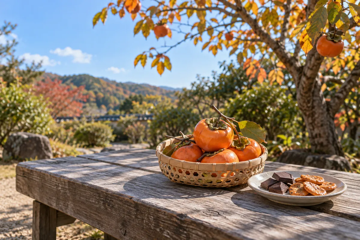 日なたのベンチに置かれた柿とチョコ、米菓
