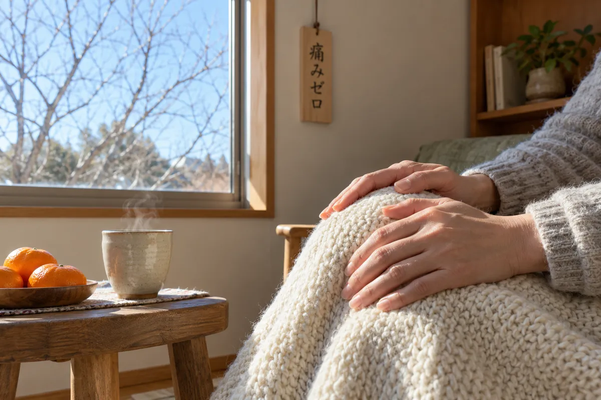 日なたの居間で膝に手を置く人と湯気の立つお茶