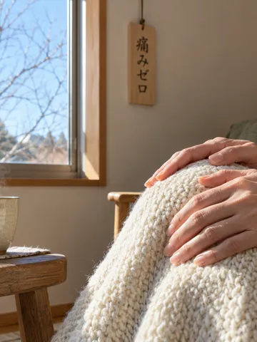 日なたの居間で膝に手を置く人と湯気の立つお茶