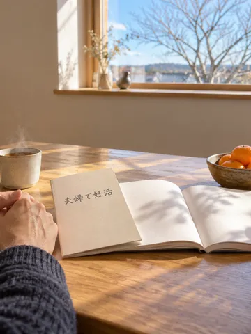 「夫婦で妊活」の本と湯気の立つ二つのマグカップ