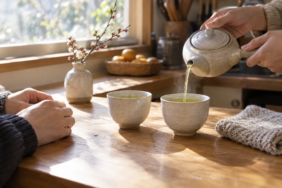 急須から二つの湯のみにお茶を注ぐ手元