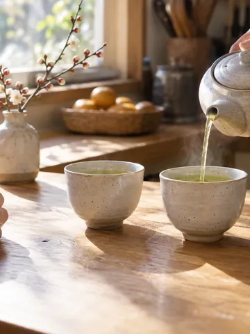 急須から二つの湯のみにお茶を注ぐ手元