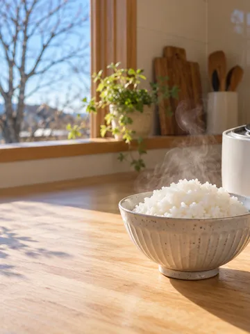 湯気の立つふんわりご飯と炊飯器、しゃもじ