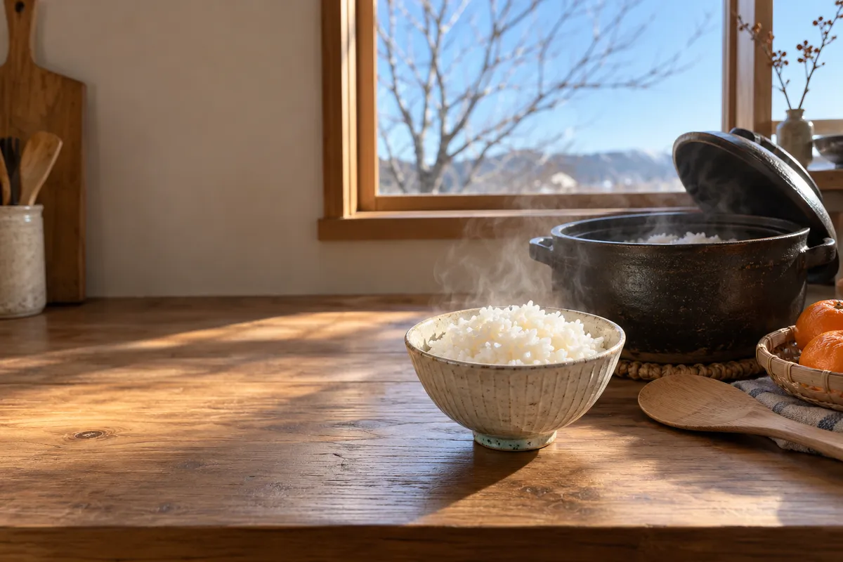 湯気の立つ炊きたてのご飯と土鍋、みかん