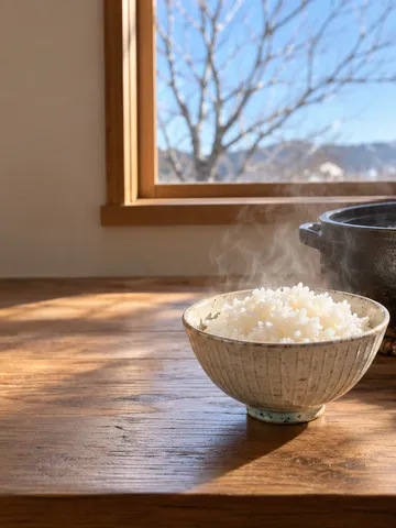 湯気の立つ炊きたてのご飯と土鍋、みかん