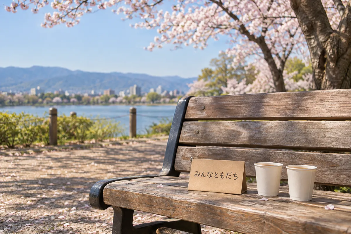 桜の公園のベンチに置かれた「みんなともだち」のカードと2つのカップ