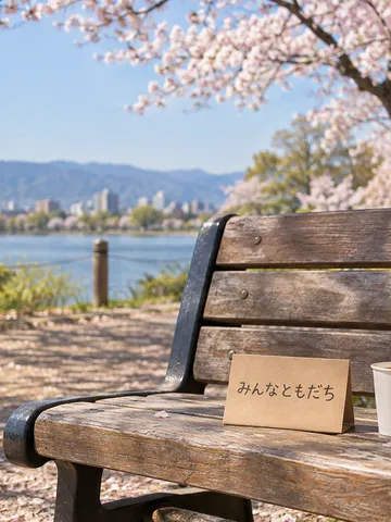 桜の公園のベンチに置かれた「みんなともだち」のカードと2つのカップ
