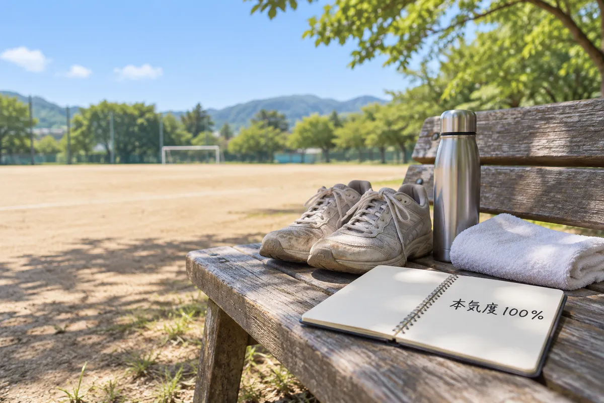 ベンチの上の運動靴とタオルと本気度のメモ