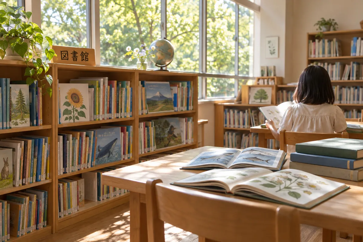 明るい日差しの学校図書館で本を開く後ろ姿