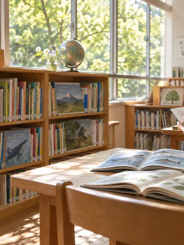 明るい日差しの学校図書館で本を開く後ろ姿