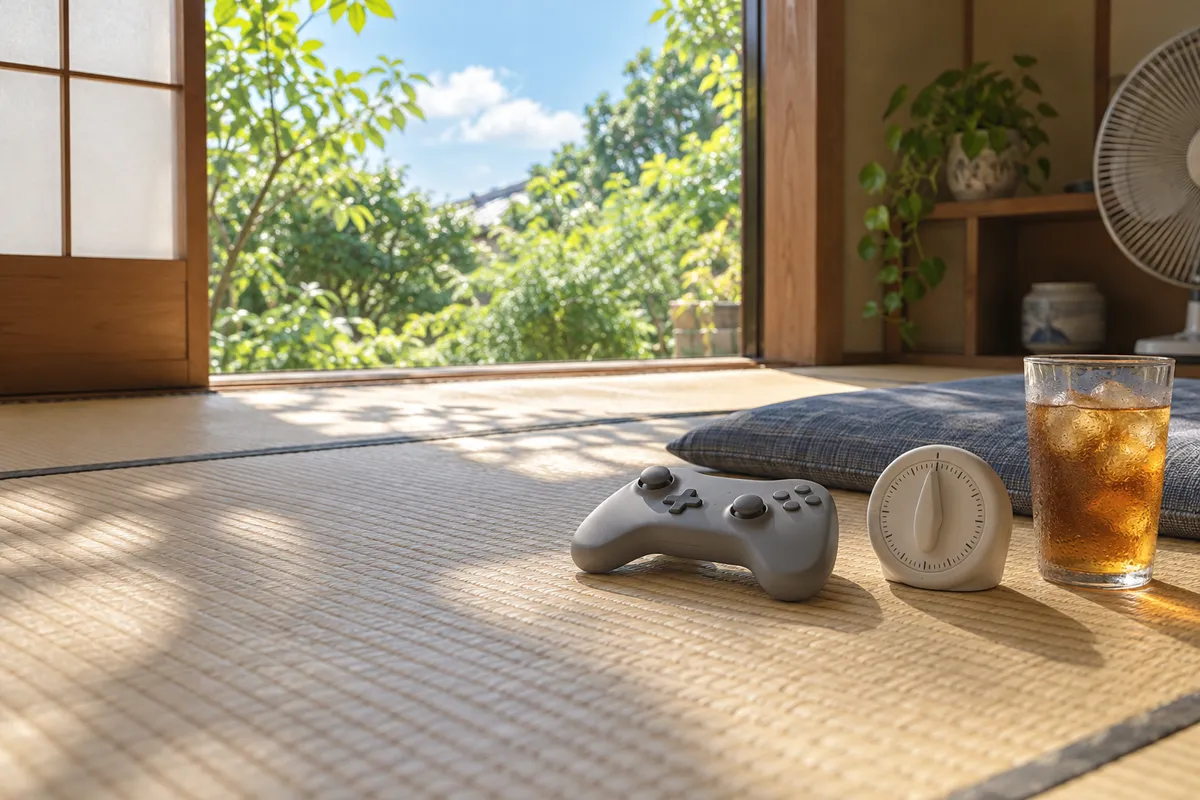 畳の上のゲームパッドと1時間に合わせたタイマー