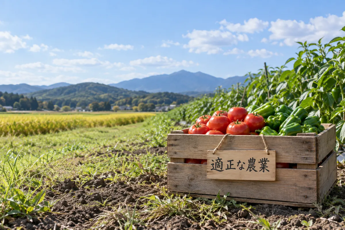 畑のそばの収穫かごと「適正な農業」の札