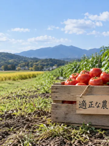 畑のそばの収穫かごと「適正な農業」の札
