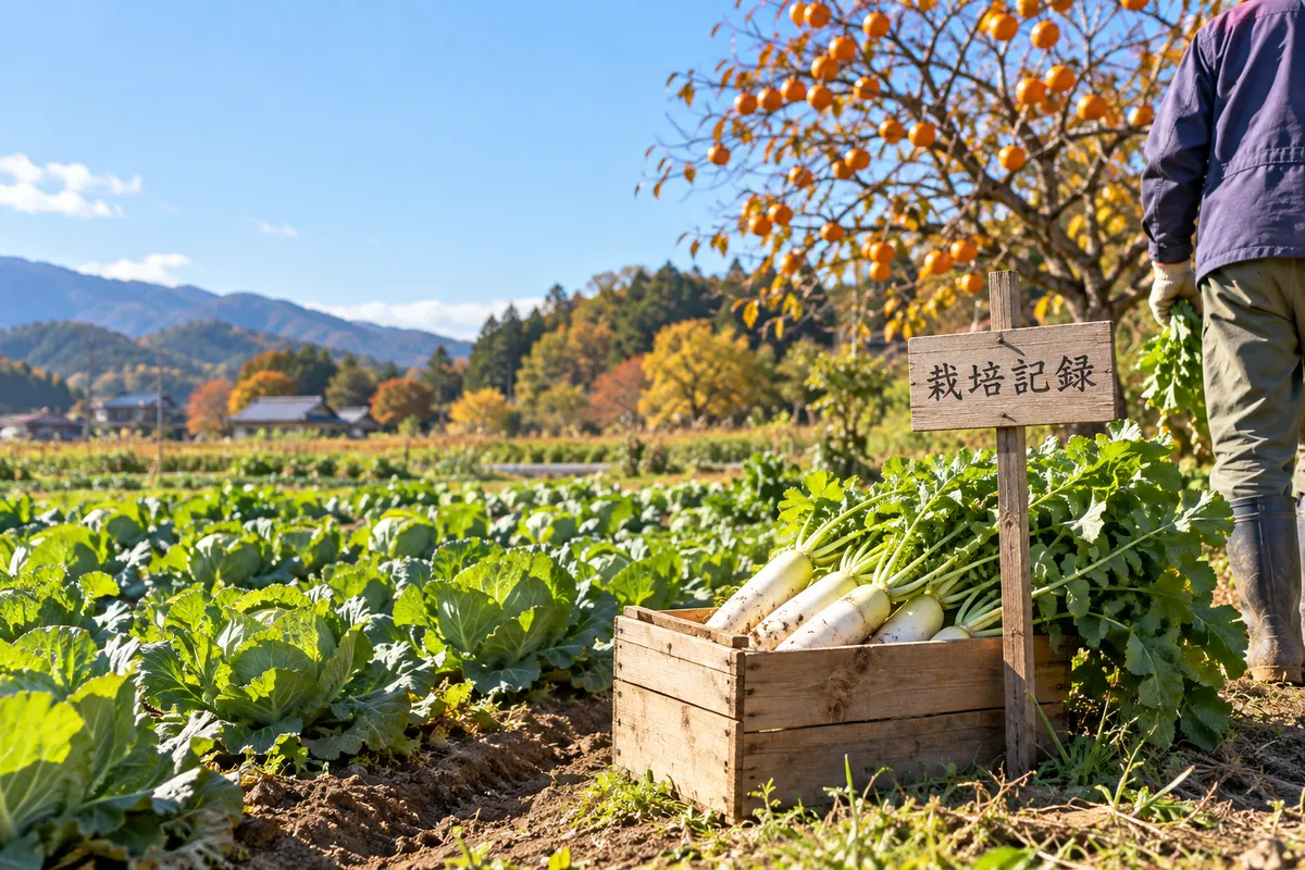 秋の畑の収穫野菜と栽培記録の木札