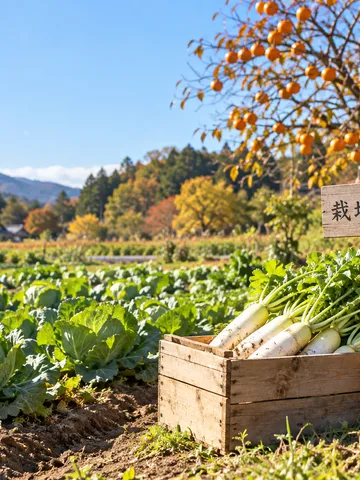 秋の畑の収穫野菜と栽培記録の木札