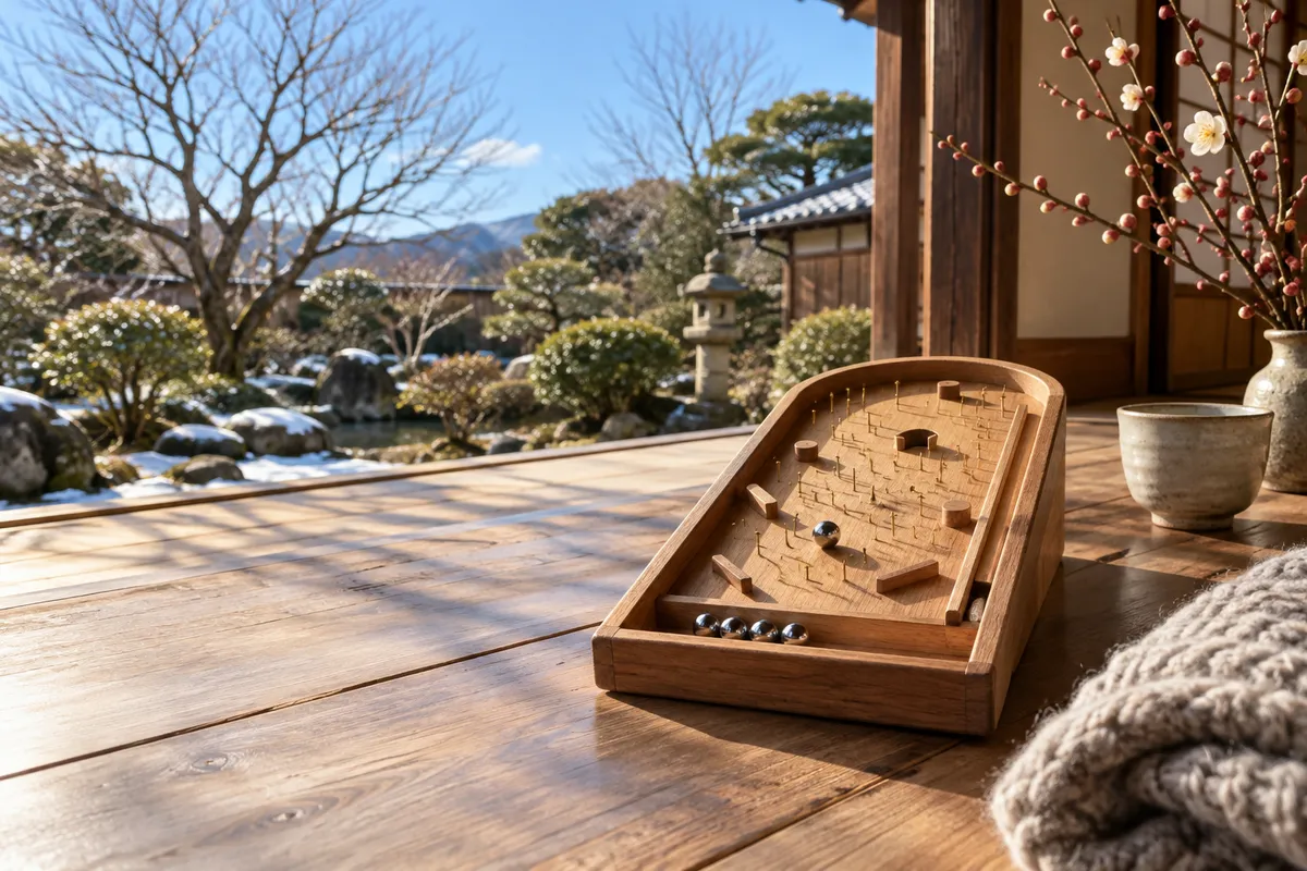 冬の庭を望む縁側に置かれた玉遊びのおもちゃ