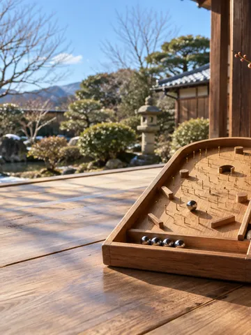 冬の庭を望む縁側に置かれた玉遊びのおもちゃ