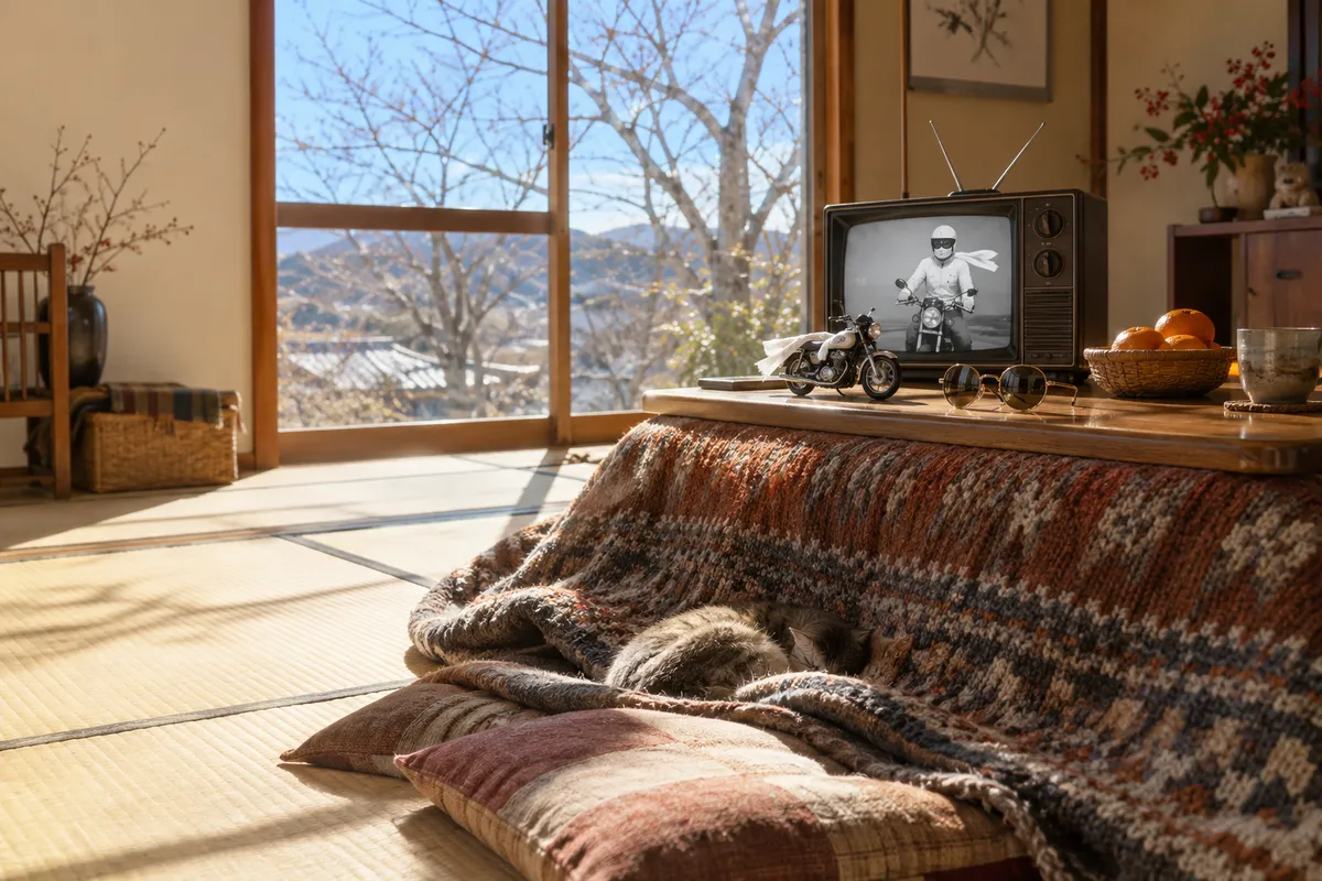 こたつの上の古いテレビとおもちゃのバイク、みかん