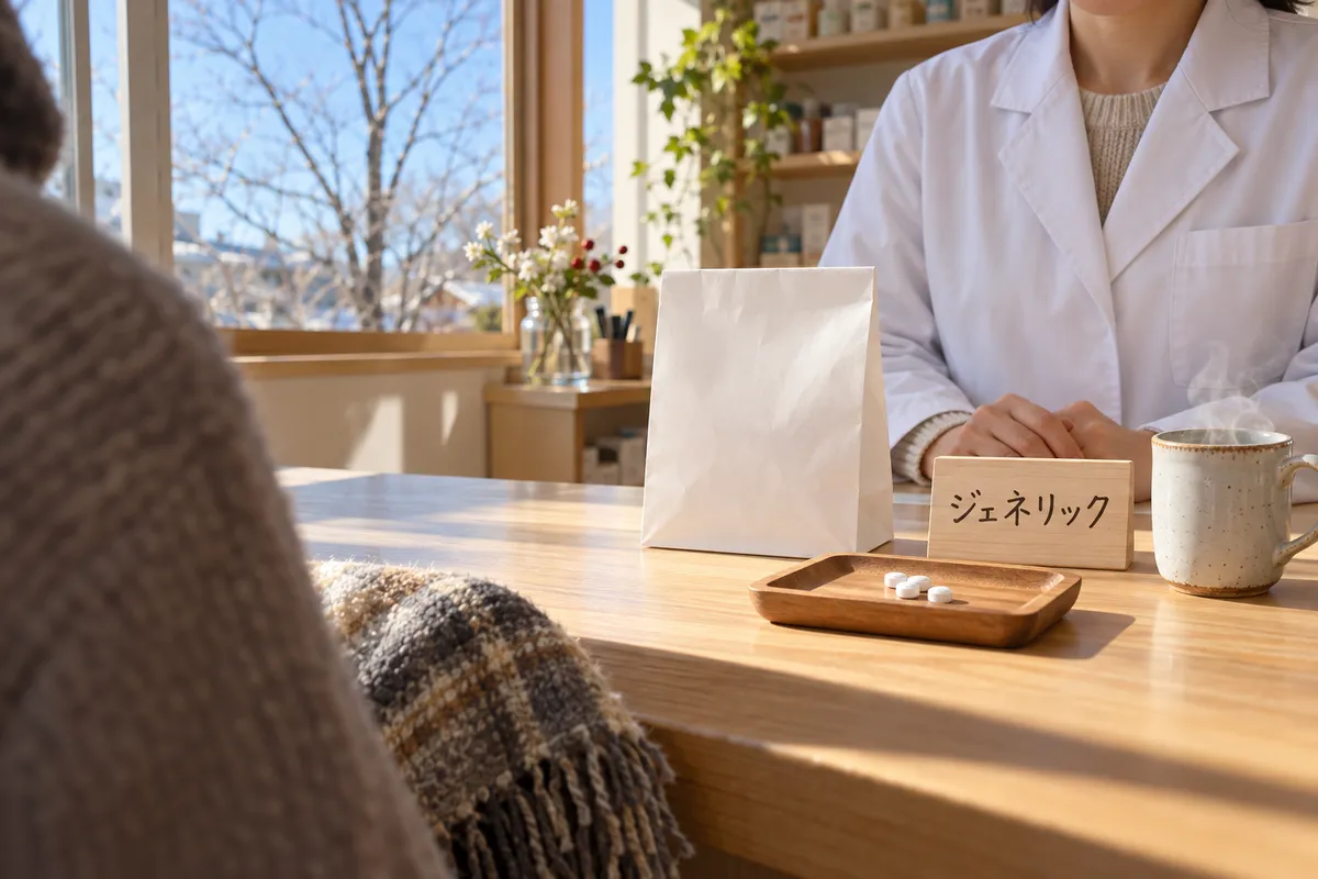 「ジェネリック」の札と薬袋が置かれた、日の差す窓辺のカウンター