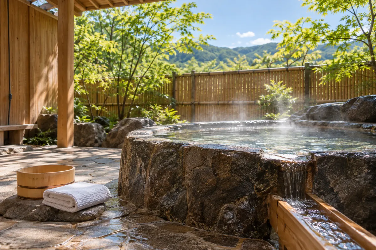 湯があふれる木と石の露天風呂
