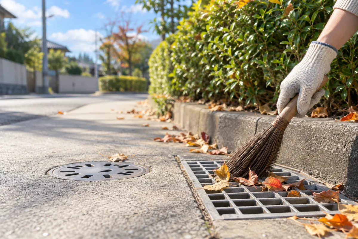 日なたの側溝のふたの落ち葉を掃く手元