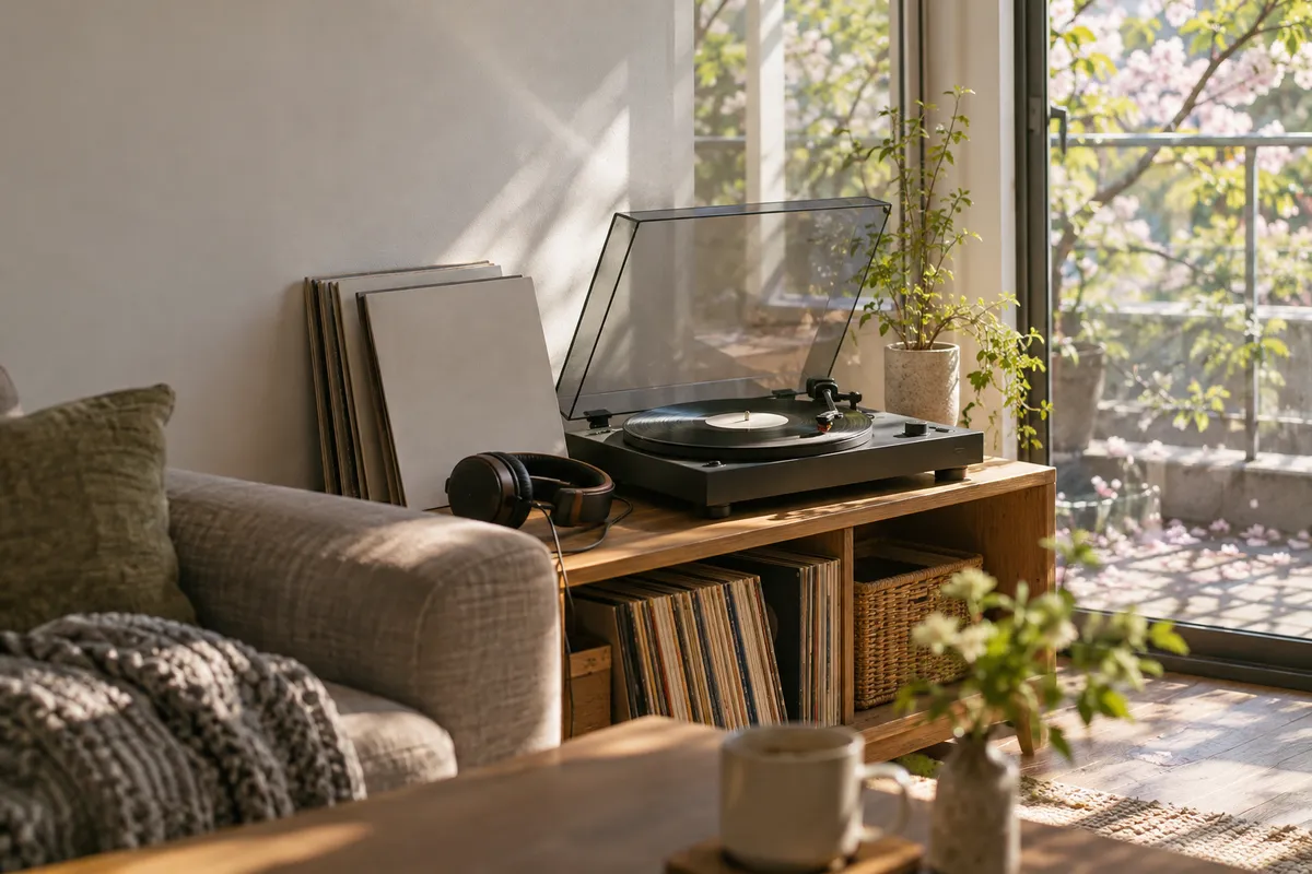 日当たりのよい部屋のレコードプレーヤーとレコード